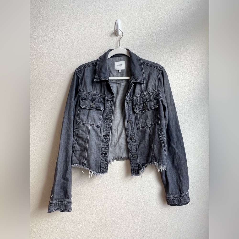 Women’s‎ Hidden Los Angeles light gray/black crop denim jacket, frayed, Size L